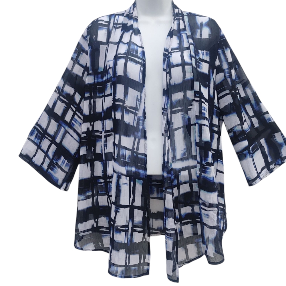 JM Collection Blue and White Plaid Kimono Cardigan Medium Very Good Condition